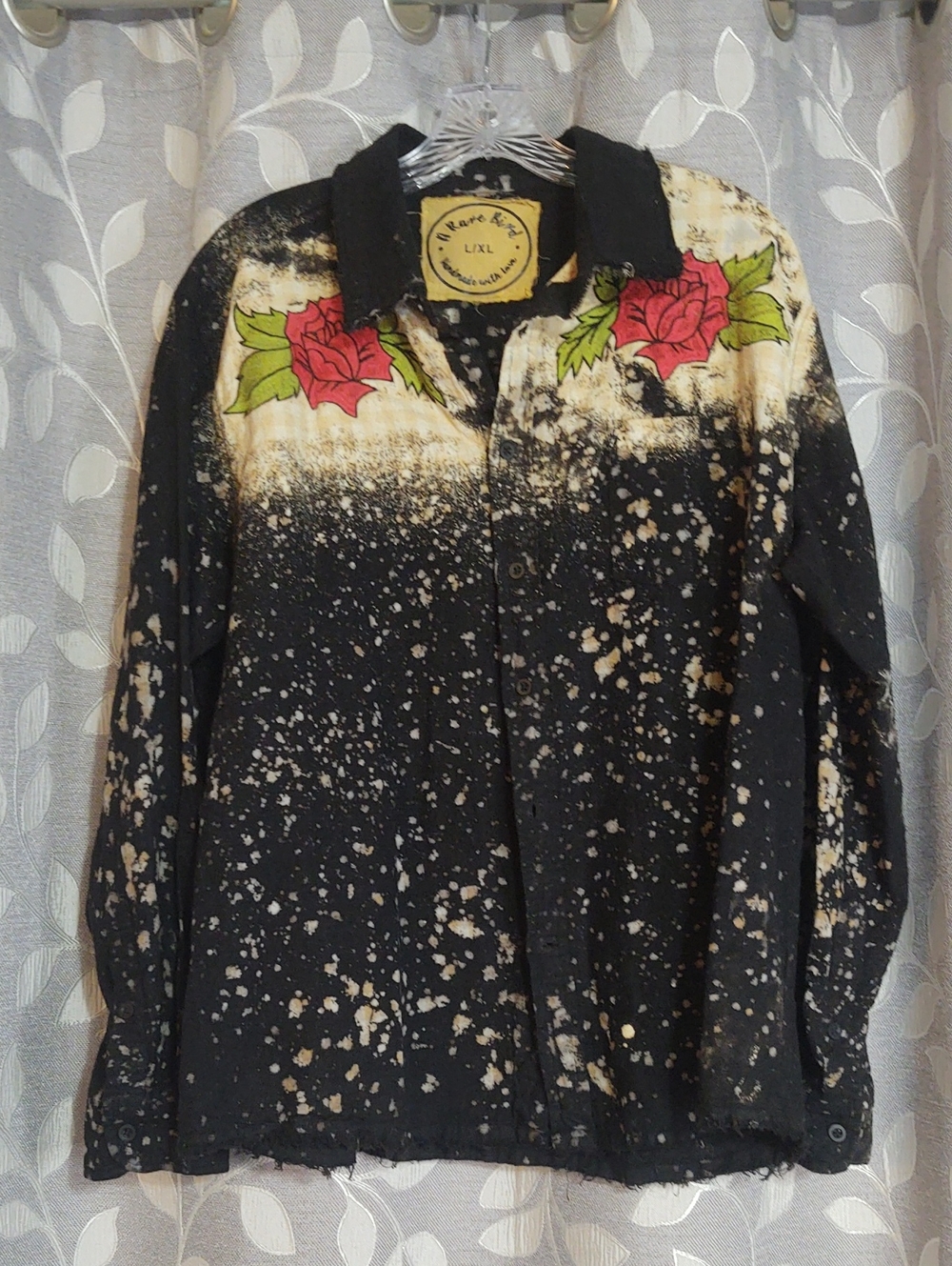 A Rare Bird Bleach-Splatter Black Cotton Button-Up Shirt size L/XL